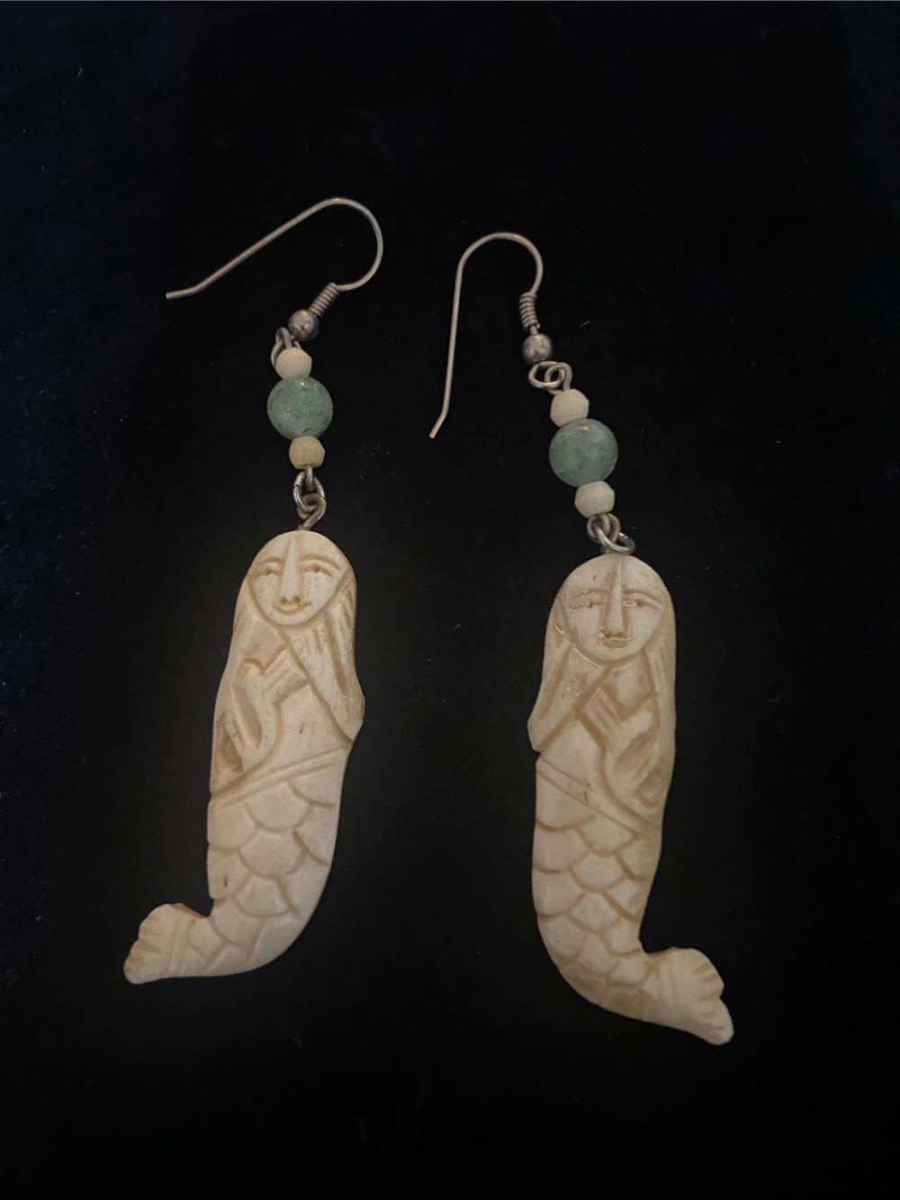 Vintage boho Carved mermaid Jadite? Bead Dangle Earrings